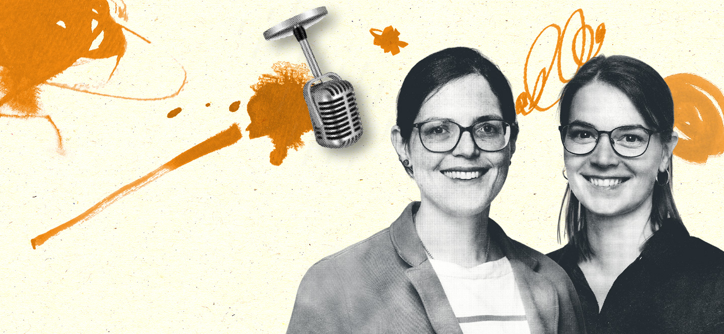 Illustration mit zwei Frauen und einem Mikrofon