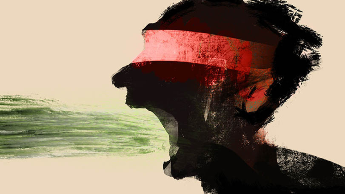 Abstrakte Person die ein rotes Band vor den Augen hat und einen grünen Schwall aus dem Mund hat.