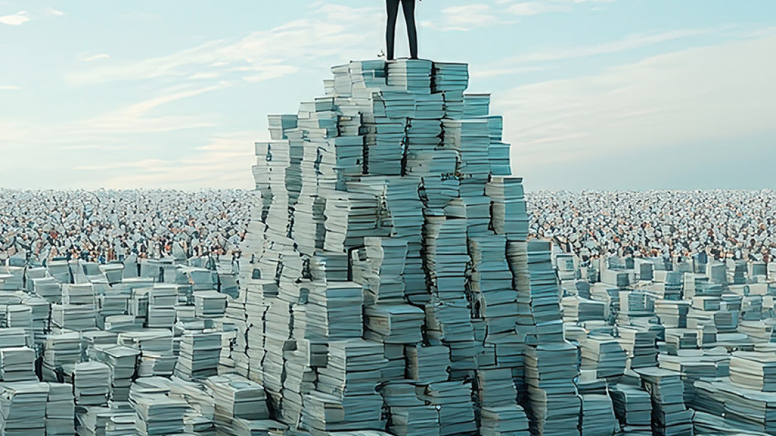 Das Bild zeigt einen Menschen, der auf einem Berg aus Geld steht.