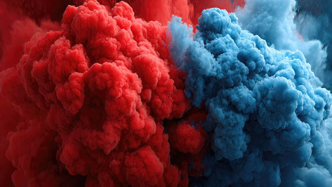 Das Bild zeigt symbolhaft den Geschlechterkampf, dargestellt durch eine rote und blaue Farbwolke.