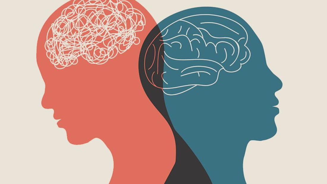 Zu sehen ist eine Illustration von zwei Köpfen, die aneinander lehnen. Ein Gehirn ist klar erkennbar, das andere krickelkrackel. 