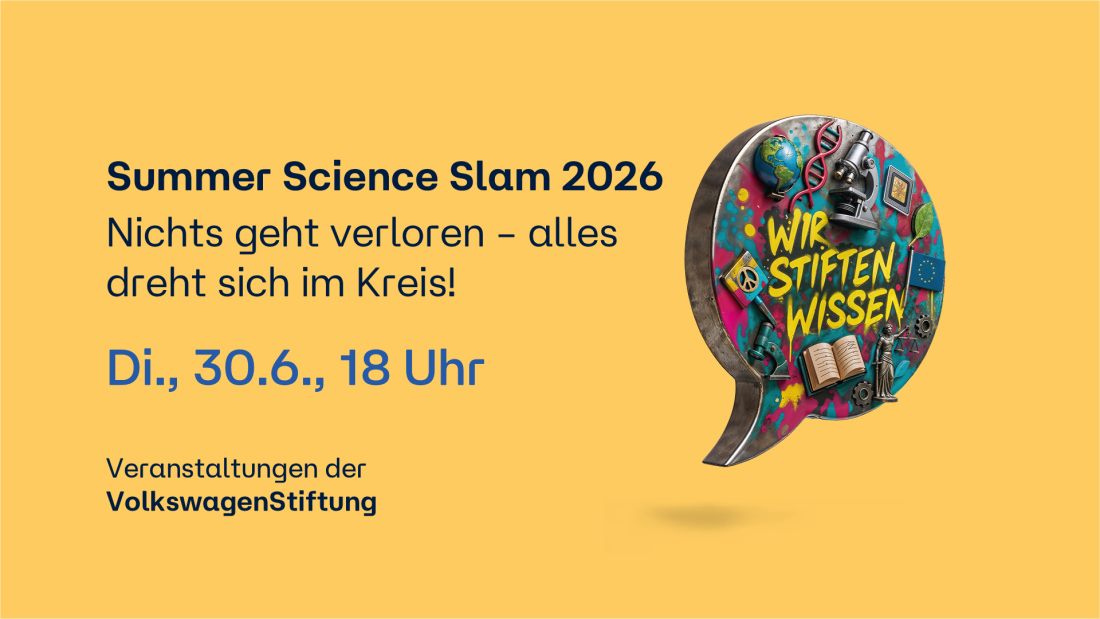 Auf dem Bild steht der Titel, das Datum und die Uhrzeit der Veranstaltung. Daneben ist die KI-generierte Sprechblase mit Wir stiften Wissen, die Wort-Bild-Marke der Veranstaltungen der VolkswagenStiftung.
