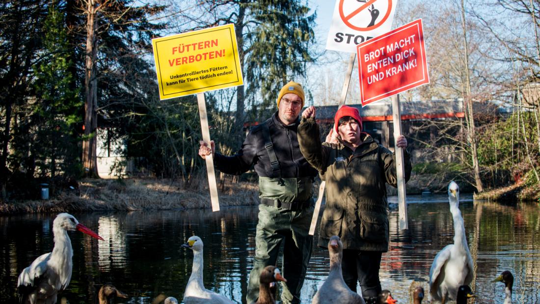 Protestierende vor einem Ententeich