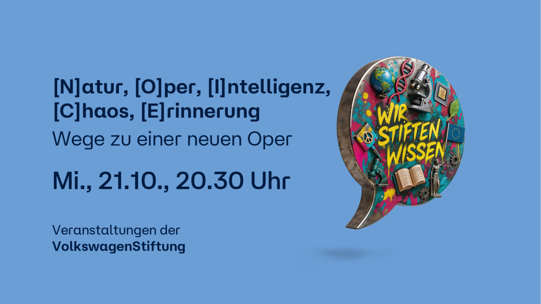 Auf dem Bild steht der Titel, das Datum und die Uhrzeit der Veranstaltung. Daneben ist die KI-generierte Sprechblase mit Wir stiften Wissen, die Wort-Bild-Marke der Veranstaltungen der VolkswagenStiftung.