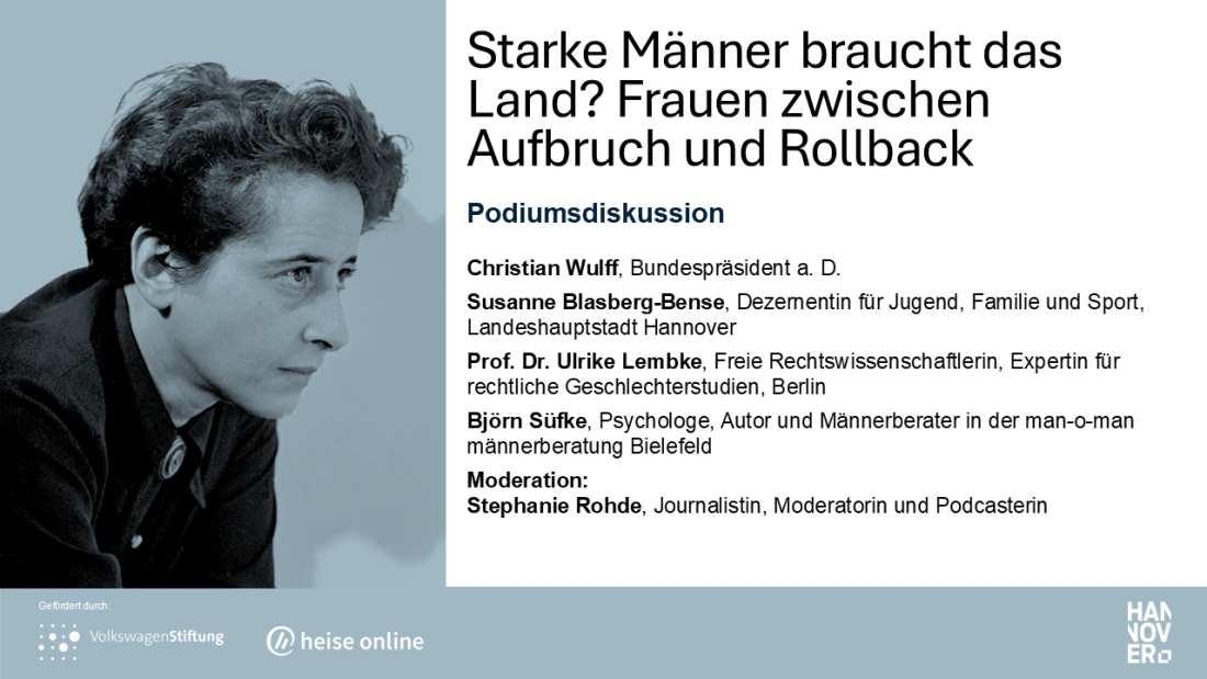 Zu sehen ist ein Foto von Hannah Arendt und eine Übersicht der Podiumskandidat:innen. 