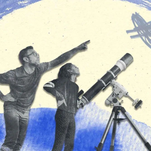 Illustration with two people next to a telescope pointing at the sky
