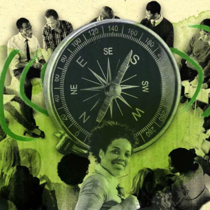 Illustration with people sitting around an oversized compass