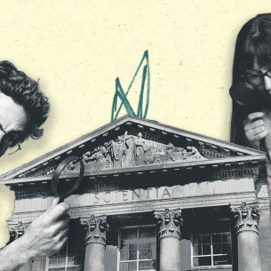 Illustration of two people with magnifying glasses looking at a building labelled "Scientia"