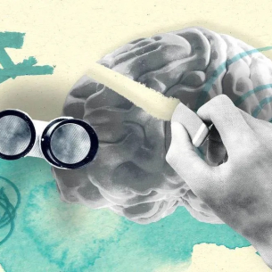Illustration with a hand erasing a drawing of a human brain