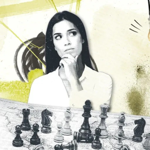 Illustration einer Frau, die nachdenklich vor einem Schachspiel mit Weltkarte sitzt