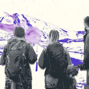 Illustration of three people with rucksacks looking down a road towards a mountain